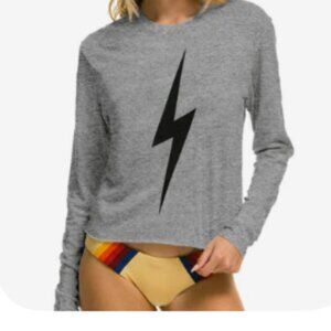 Aviator Nation Bolt Long Sleeve Boyfriend Tee- Heather Grey Cropped Size XL 🩶
